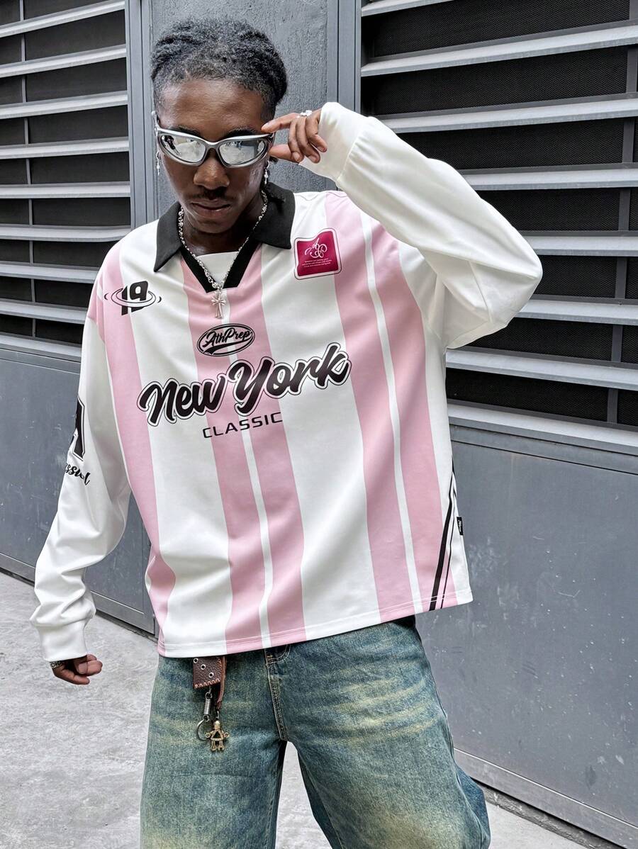 Embroidery York - Mens Casual Striped Letter Print Long
