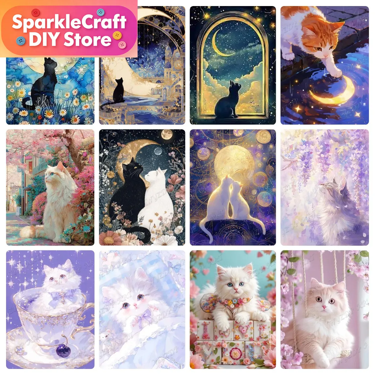 Animal Cat Moon Diamond Painti - Embroidery Gift Ideas ulasan dan harga